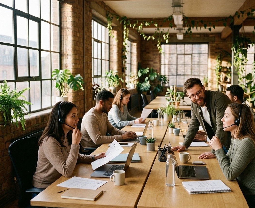 A recruitment agency floor in warm afternoon light, recruiters at shared desks mid-conversation