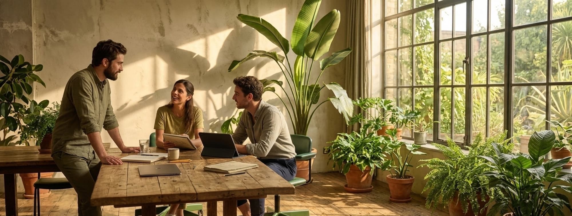 Three colleagues meeting around a wooden table in a sunlit, plant-filled room