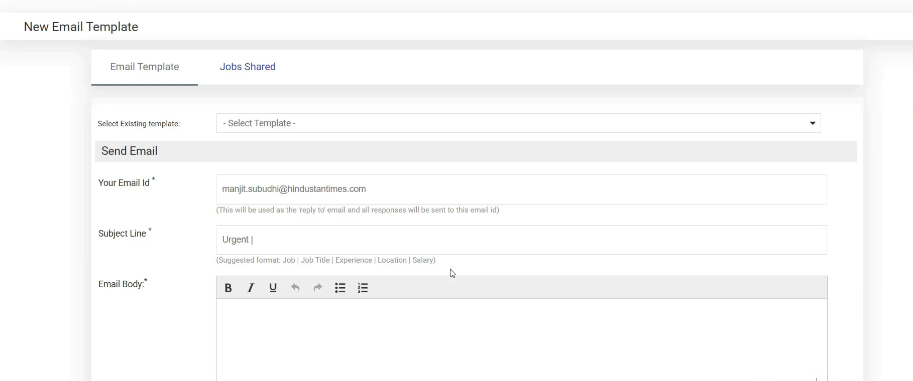 BotFriday AI bulk email template for sending a pre-screening link to sourced Shine candidates