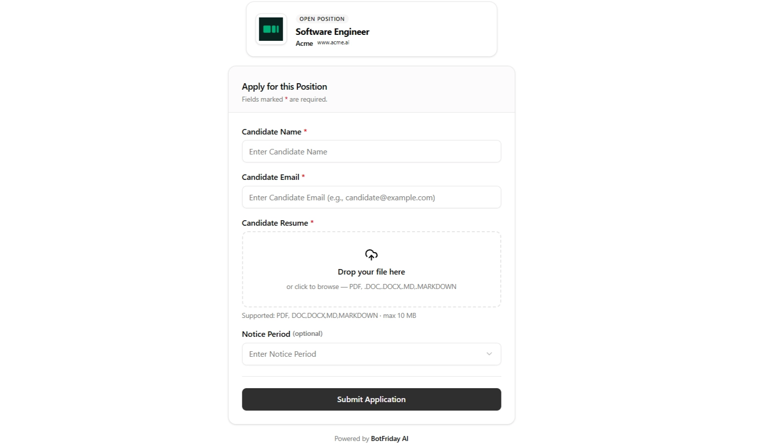 BotFriday AI pre-screening application form a candidate lands on