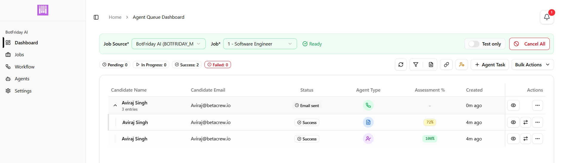 BotFriday AI agent queue dashboard showing a candidate moving through pre-screening, resume screening, and interview stages