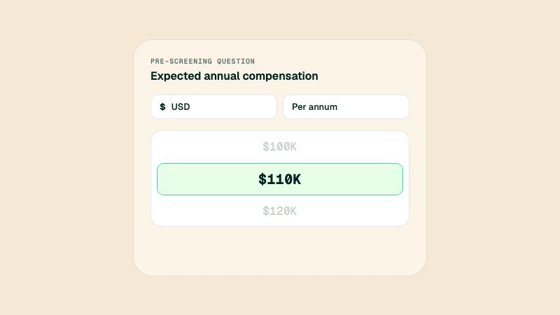 A candidate setting expected annual compensation on a salary wheel picker with currency and period, resolving to a formatted value