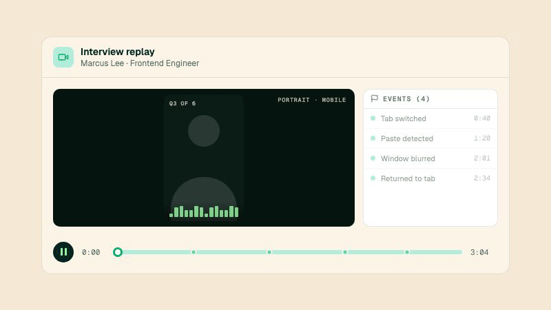 An interview replay scrubbing through a session with an events timeline highlighting key moments