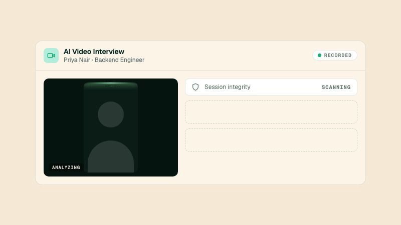 A video interview being analyzed for integrity, with flagged moments and confidence levels appearing