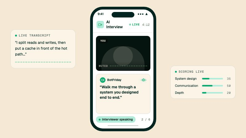 BotFriday conducting a live video interview on camera: asking a question, listening to the candidate, following up, and scoring criteria in real time